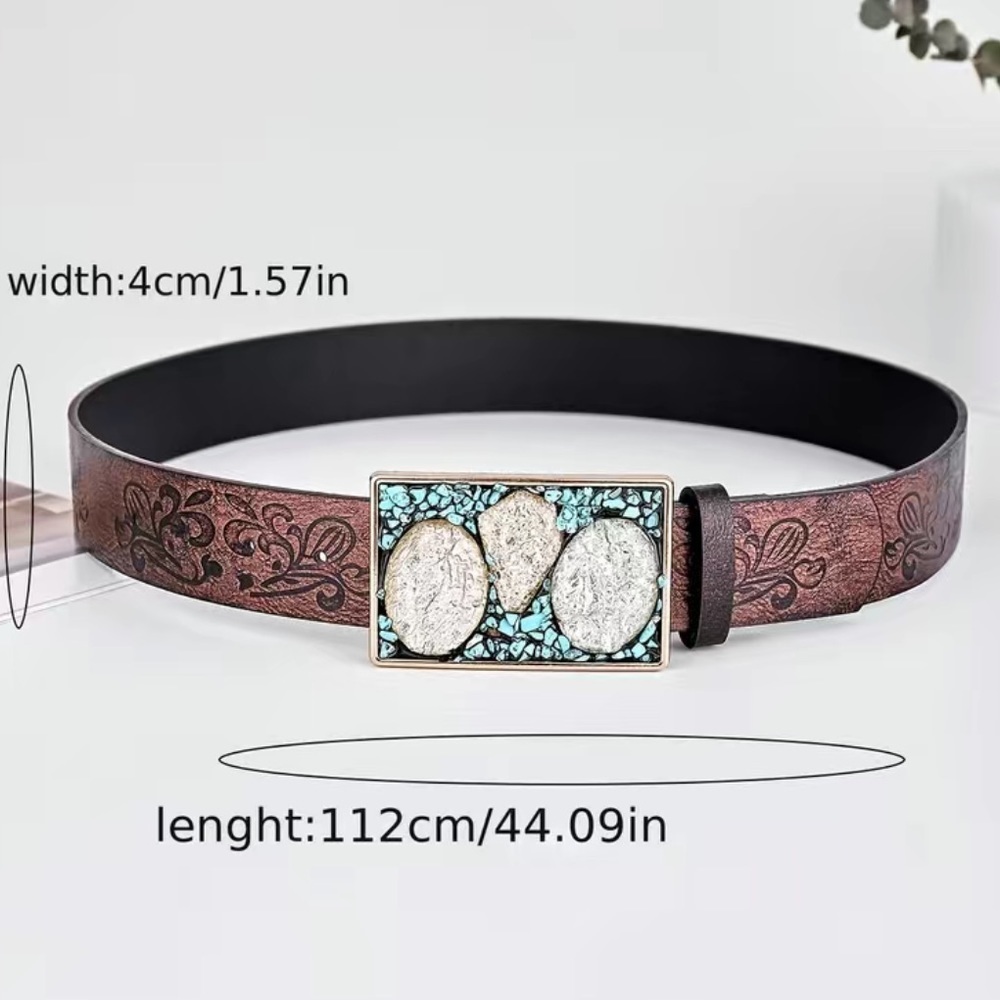 Pu Leather Boho Western Turquoise Gemstone Buckle Belt - Picture 6 of 6